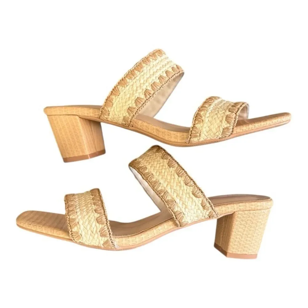 N.N.G Braided Tan Chunky Heel Square Toe Leather Woven Heels Mules Slides